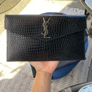 YSL Uptown Croc Embossed Clutch/Pouch in Black with Silver Logo